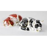 Two Royal Crown Derby Paperweights of a dog and a cat, 'Misty & Puppy' with gold stoppers.