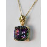 9ct yellow gold pendant set with single 13.7ct rainbow quartz 16mm cushion shaped stone in four claw