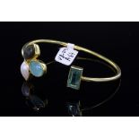 As new Silver Bangle Gold Plated with Gemstones. Fluorite, Labradorite, Pearl and Chalcedony