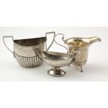 Three London hallmarked silver sugar bowls & cream jug, hallmarks rubbed, tallest 8cm approx.,