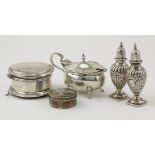 Mixed Silver. A collection of five silver items, comprising two peppers, ring box (?), trinket box &