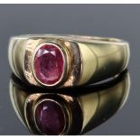 9ct yellow gold Gents. Signet style ring set with a single oval 8mm x 6mm ruby weighing 1.257ct in a