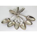 George III set of six silver teaspoons, each with matching monogram to handles, hallmarked 'MSES,