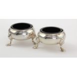 Pair of George II silver open salts with blue glass liners, hallmarked 'E.A. (Edward Aldridge)