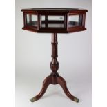 Mahogany & glass octagonal display cabinet / table, on a pedestal stand with three brass mounted