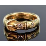 18ct yellow gold 5mm wide band ring with buckle design set with two old cut diamonds in a gypsy
