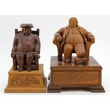 Two hand carved wooden figures, depicting interesting characters in history, each mounted on a