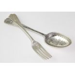 Victorian silver fork & table spoon (both ornately decorated), hallmarked 'HH, London 1872' & '