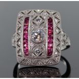Platinum diamond and ruby Art Deco style large rectangular dress ring measuring 2cm x 1.5cm and