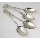 Two pairs of George III silver old English pattern table spoons, both pairs with armorial to