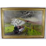 Railway interest. Keith Heaton (20th Century), Oil on Canvas, titled 'Race Against the Storm',