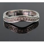 9ct white gold shaped band ring set with fifteen round diamonds in a millegrain setting, total