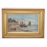 C W Middleton. Goache, depicting a rural waterside scene with fishing boats (circa 1890), Signed