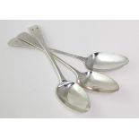 Three George III silver old English pattern table spoons, each with initials to handle, hallmarked