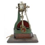 Live steam vertical stationary engine (well engineered), mounted on a display plinth, height 35cm,