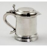 Miniature silver Tankard mustard pot with blue glass liner, has worn marks to the body of the item