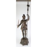 Large spelter figure, depicting a Greek (?) soldier, in armour holding a sword & spear, on a