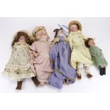 Dolls. A collection of five bisque headed dolls, makers include S.F.B.J. (Société Française de