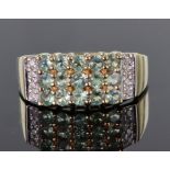 14ct yellow gold ring set with three rows of five 2.5mm round Alexandrite stones accented with