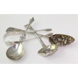 Two George III silver berry spoons & a pair of George III silver sugar tongs, together with a