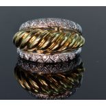 18ct yellow gold wide band ring with a twist design central raised section, bordered on both sides