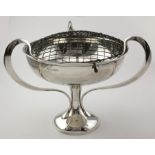 Silver rose bowl in the form of a three-handled trophy cup, presentationally engraved on the
