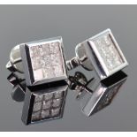 18ct white gold stud earrings comprising nine princess cut diamonds invisibly set in a square rub