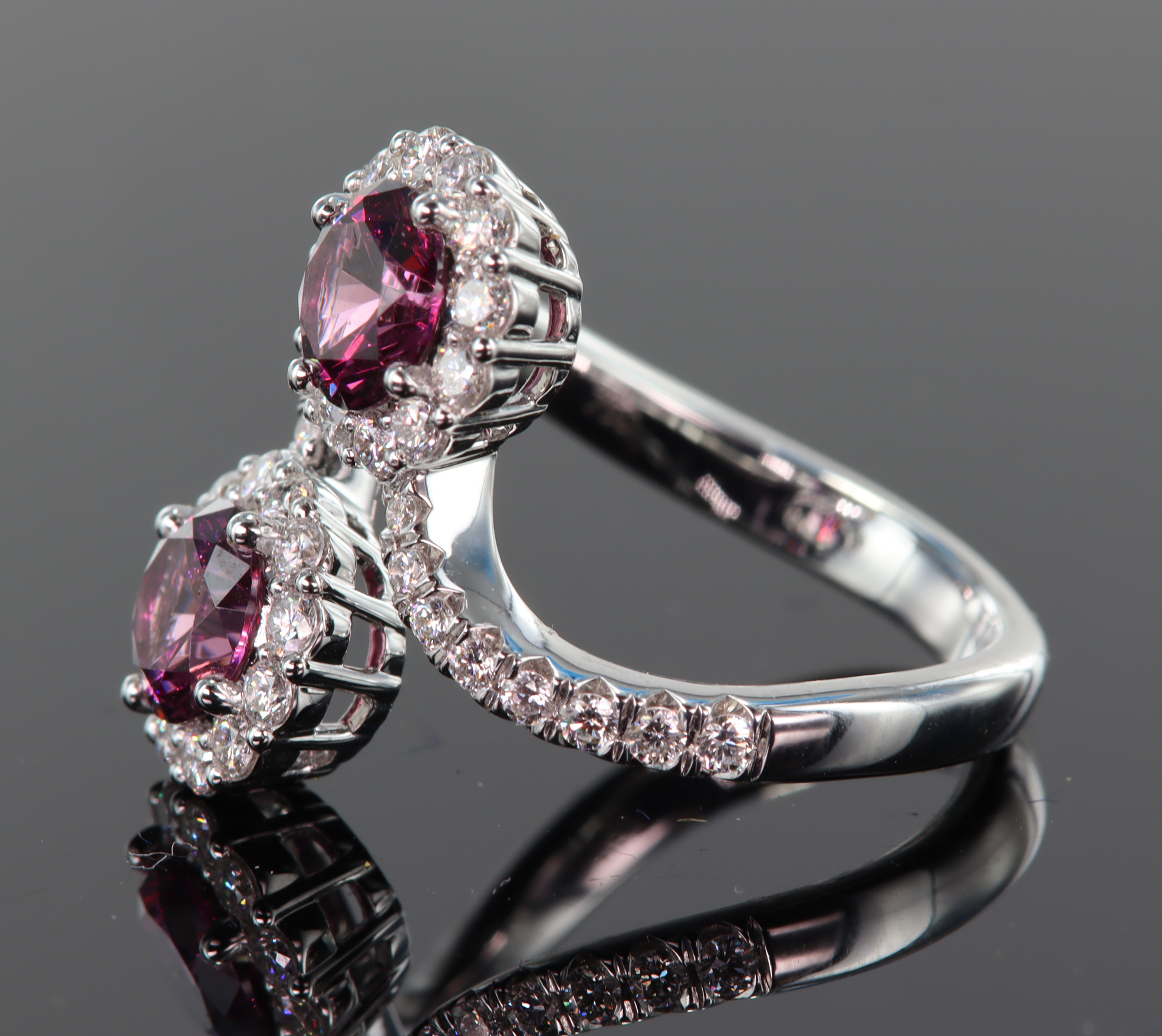 18ct white gold double cluster crossover design ring set with two round pink tourmaline measuring - Image 2 of 2