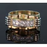 18ct yellow gold Art Deco style ring set with five round brilliant cut diamonds calculated as