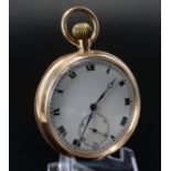 Gents 9ct cased open face pocket watch circa 1920s (engraved on the inside). The white 43mm dial