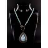 As new Larimar Gemstone Beads Necklace with Diamonds - 3.20ct Center Diamonds and 19ct Stone,