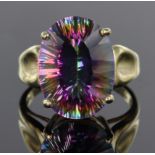 9ct yellow gold ring set with an oval 16mm x 12mm rainbow quartz weighing 6.08ct, finger size N,