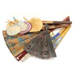 Fans. Seven large decorative fans, largest length 100cm, width 130cm approx., together with six