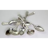 Seven George III silver & white metal teaspoons, strainer, etc., two without hallmarks, largest
