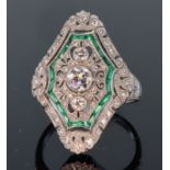 Platinum diamond and emerald Art Deco style large dress ring comprising three round brilliant cut