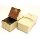 Two original wooden bible boxes. The top with the brass plaques painted over. Each with hinged