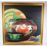 Large bold contemporary still life monoprint depicting South Amercan style pottery. Signed by the