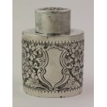 Victorian small silver tea caddy with ornate floral decoration hallmarked for Martin Hall & Co.