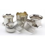 Six silver napkin rings, five are fully hallmarked and one is unmarked,various dates. Weight 5.5