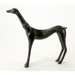 Bronze figure depicting a whippet dog with a long neck, height 22cm, length 22.5cm approx.