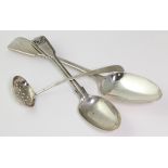 Two Victorian silver table spoons & a George III silver sugar sifter table spoons with monogram