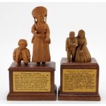 Two hand carved wooden figures, depicting interesting characters in history, each mounted on a