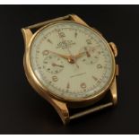 Gents 18ct cased chronograph wristwatch by Coresa. The sigined dial with gilt arabic / baton markers