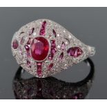 Platinum ruby and diamond Art Deco style ring comprising central oval ruby measuring approx. 6mm x