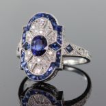 Platinum sapphire and diamond Art Deco style ring with central oval sapphire weighing 0.80ct in a