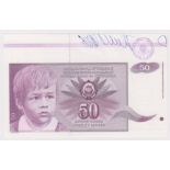 Yugoslavia 50 Dinara dated 1990 without serial number, with extra paper at top showing colour bars