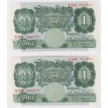 O'Brien 1 Pound (2) issued 1955, a consecutively numbered pair, serial E38K 791433 & E38K 791434 (