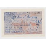 Jersey 2 Shillings issued 1941 - 1942, German Occupation issue during WW2, serial number 117498 (TBB