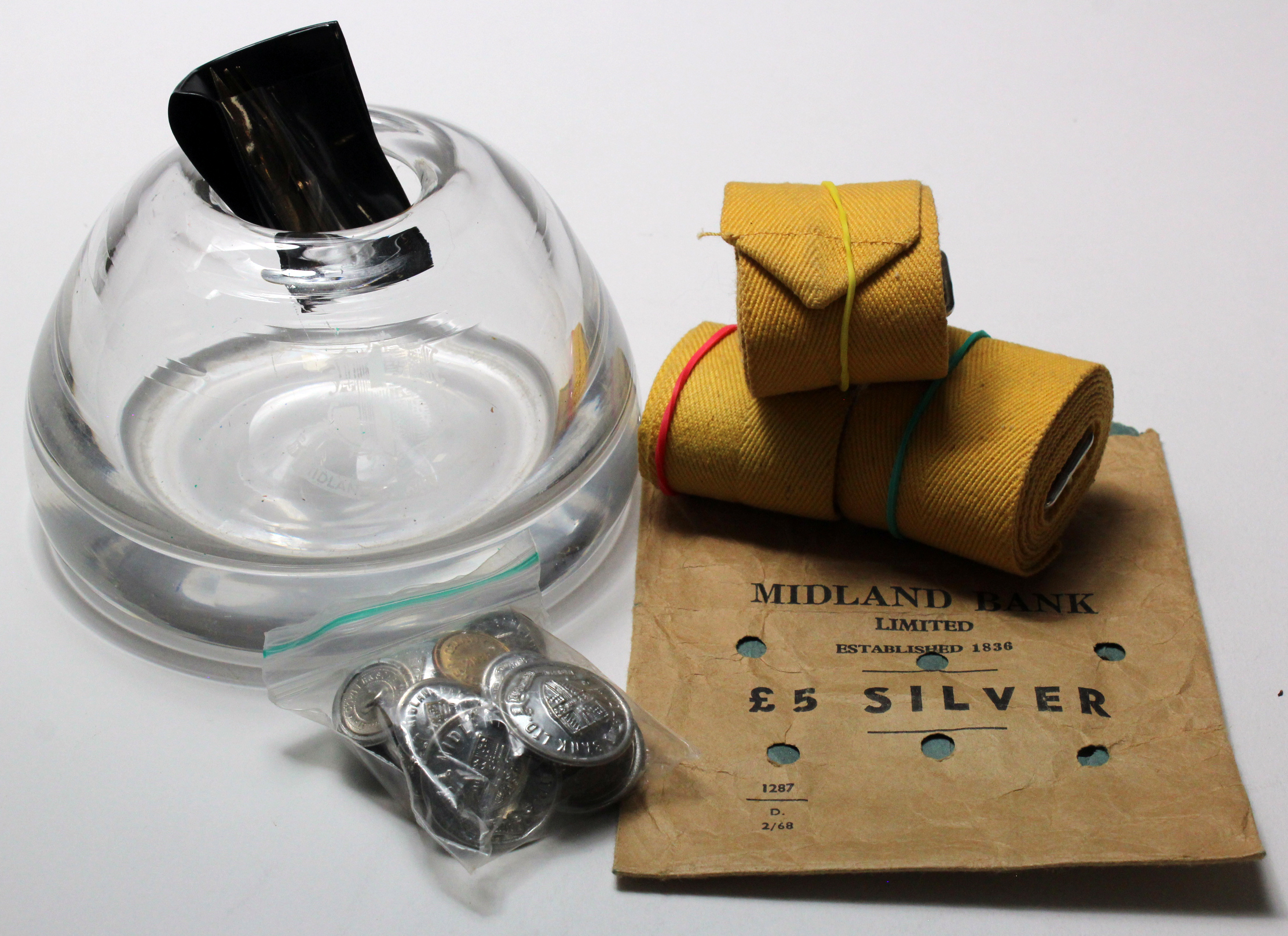 Midland Bank Ltd ephemera, large heavy glass ink well, ink pen nibs (12), Buttons (3 large, 13