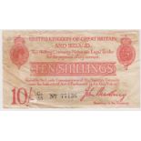 Bradbury 10 Shillings issued 1915, 5 digit serial number C2/35 77136, a consecutively numbered